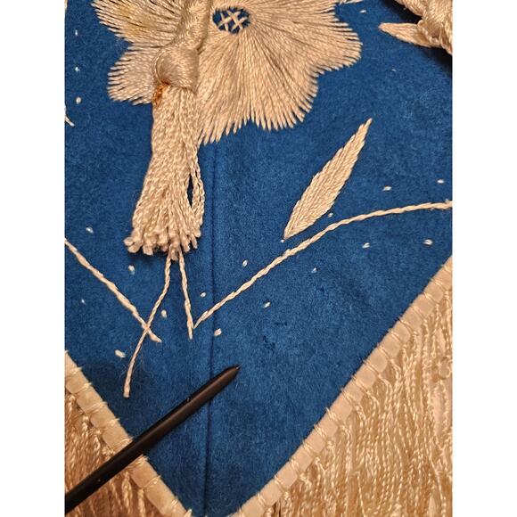 Vintage Youth 70s Embroidered Mexican Poncho/Cape Wool Tassel Fringe Teal - Picture 5 of 8